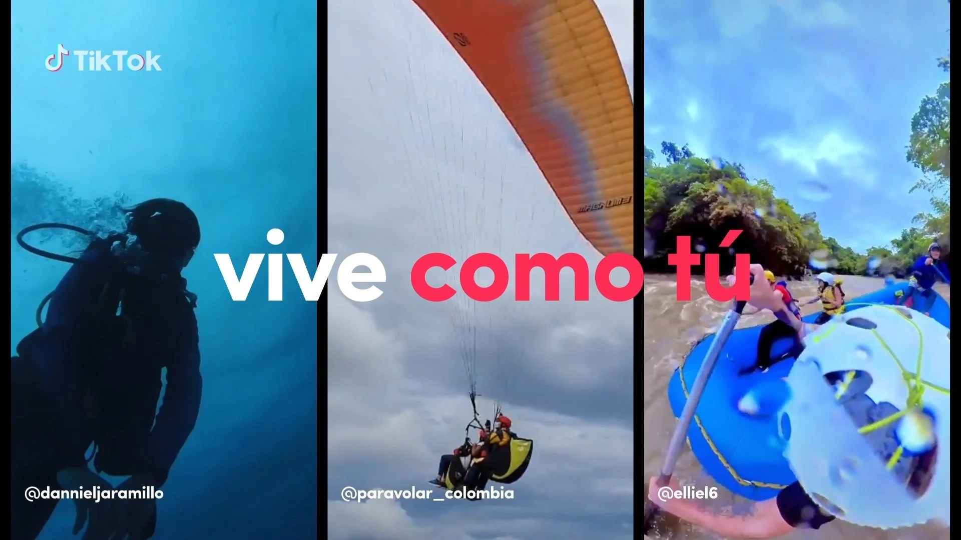 Three images of adventure sports: a scuba diver underwater, a person paragliding, and a group white water rafting on a river with lush green trees. Overlaid text in Spanish says 'vive como tú'.