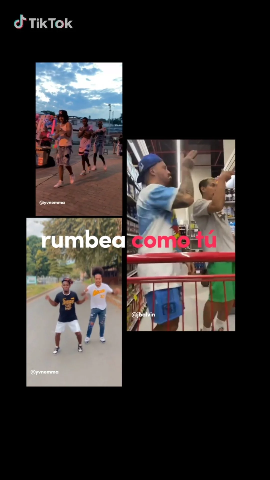 Collage of four images showing people dancing, two boys walking or dancing in a park, and two young men shopping in a store, with text overlay in Spanish that says "rumbea como tú" and TikTok logos.