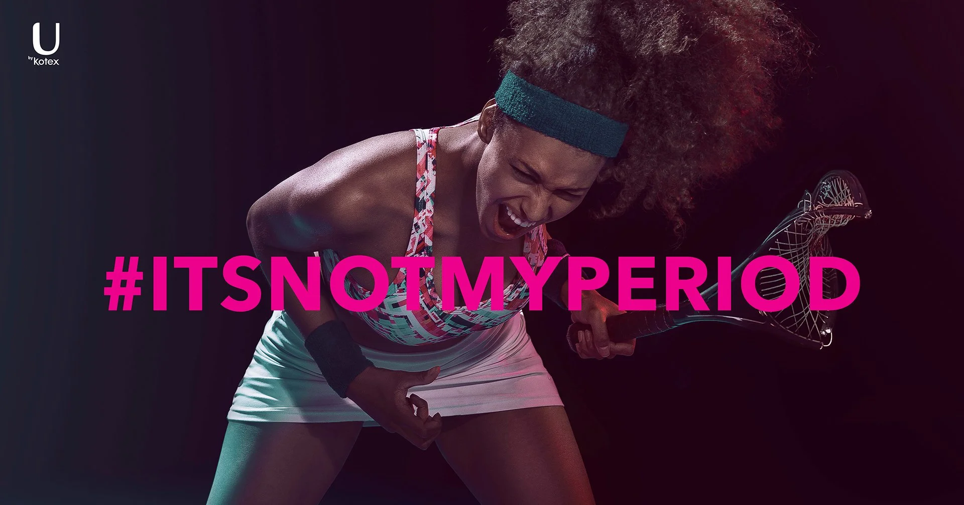 A woman in athletic clothing passionately playing tennis, holding a tennis racket, with the hashtag #ITSNOTMYPERIOD overlayed in pink text.