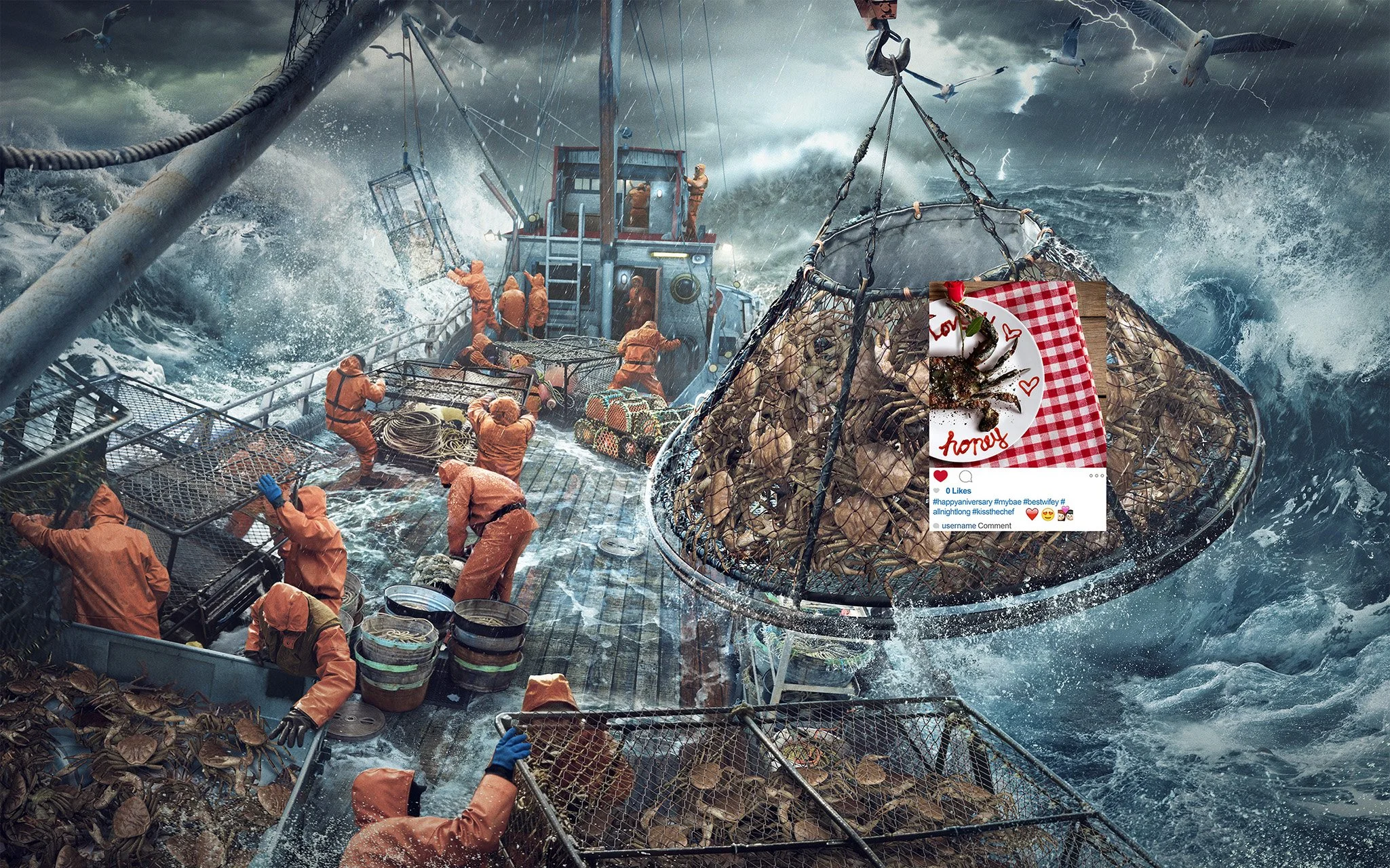 A fishing boat in turbulent stormy ocean waters with crew members in orange raincoats working amidst rough waves. A basket of seafood with a decorated card reading 'honey' is floating in the water, and seagulls fly above as lightning strikes the sky.