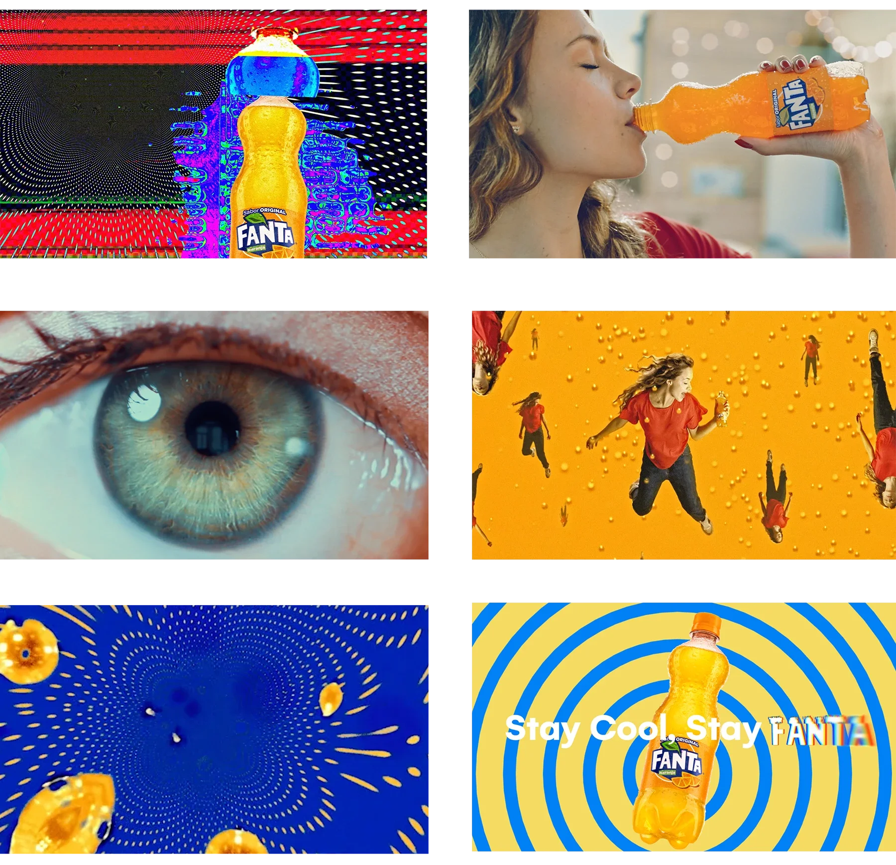 A collage of six images featuring Fanta orange soda bottles and people enjoying Fanta. The images include a close-up of a woman drinking Fanta, a macro shot of a human eye, a colorful abstract background, people floating in yellow liquid, and a bottle with the slogan 'Stay Cool Stay Fanta'.