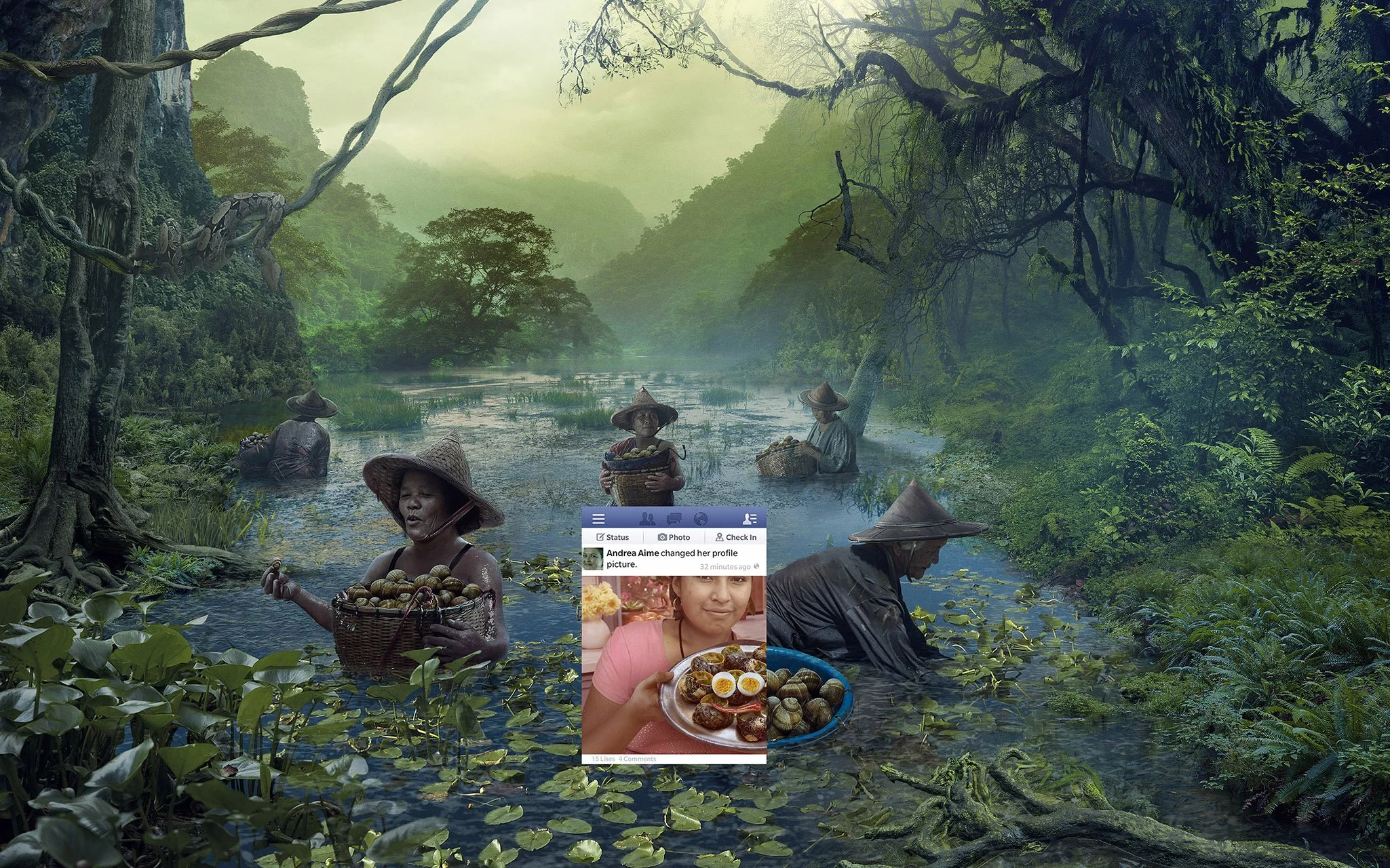 A digital collage depicting a lush, green swamp scene with several women wearing traditional conical hats, wading through water, collecting shellfish. Overlaid on this scene is a Facebook profile post showing a woman holding a plate of food, with a caption indicating that Andrea Aime changed her profile picture.