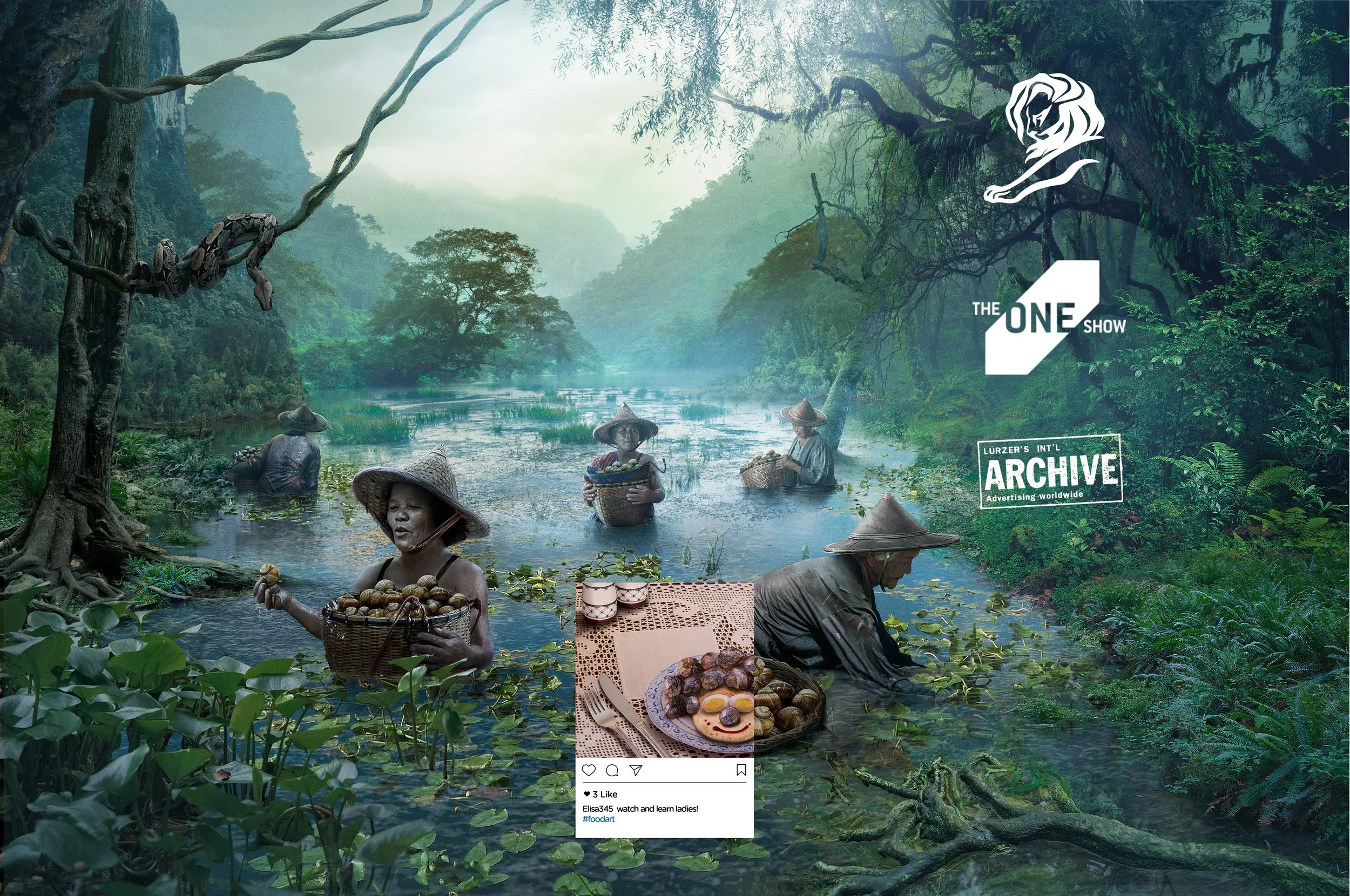 A digital collage depicts a lush, misty jungle scene with women dressed in traditional Asian conical hats harvesting fruit in a pond, with some women holding baskets of fruit. An Instagram post overlay shows a close-up of fruit on a plate and a fork, and a logo reads 'The One Show' with the text 'Archive' beneath it.
