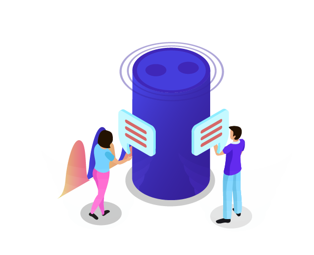 Two people interacting with a large, cylindrical, robot-like figure with two speech bubbles.