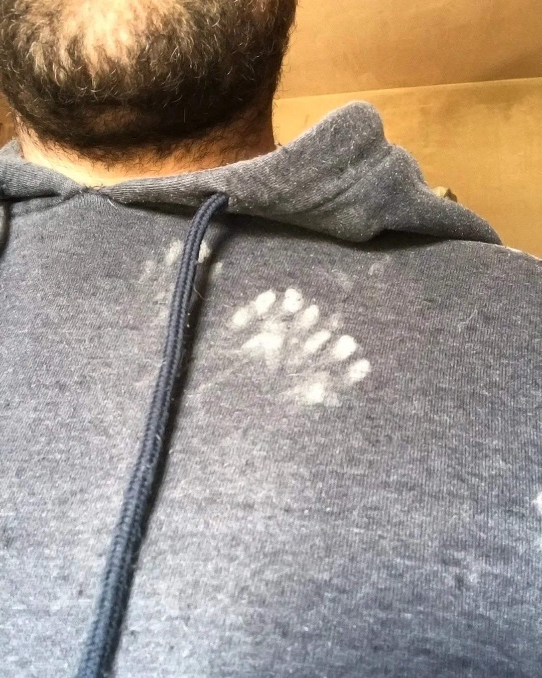 Paws for thought&hellip;

Proof that decorating + hoodies = chaos.

I end up covered in paw prints.
This one&rsquo;s courtesy of paint &mdash; but it&rsquo;s very on-brand.