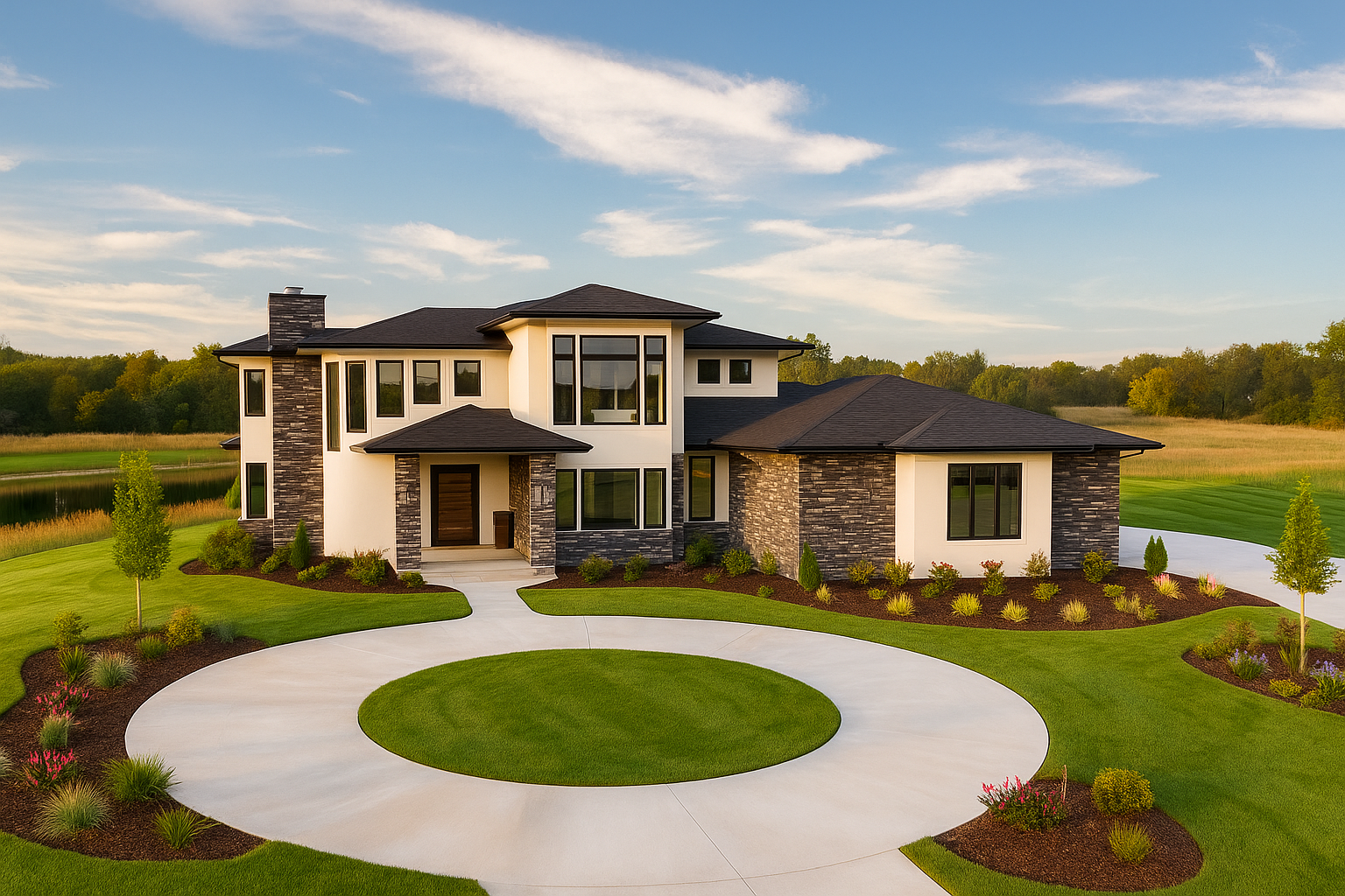 Digitally completed home exterior with finished landscaping and driveway.