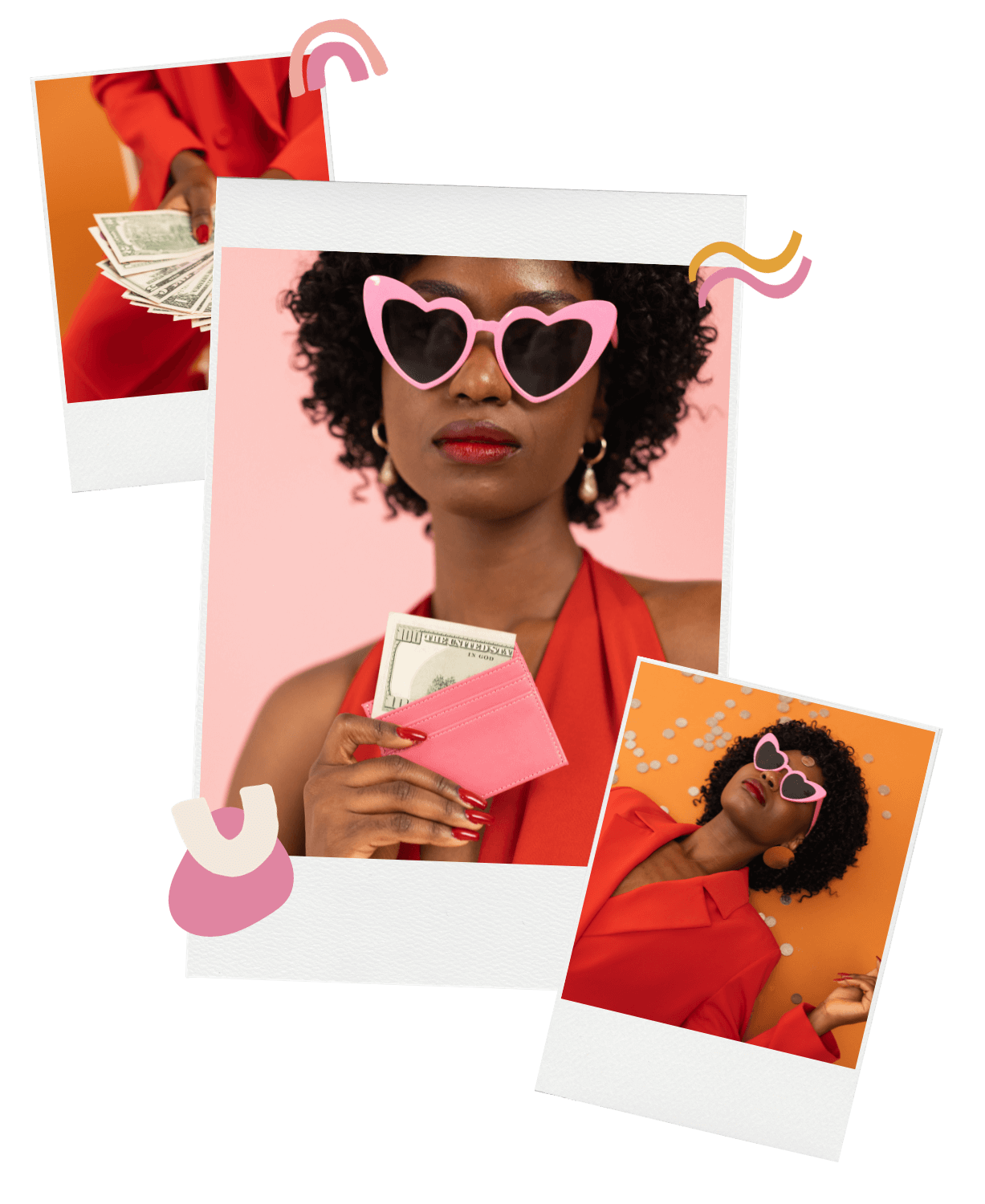 A woman with curly hair wearing pink heart-shaped sunglasses, red lipstick, and a red top, holding a pink wallet with dollar bills inside against a pink background. Two Polaroid-style photos with doodles are overlaid, one showing her with dollar bills and the other with sunglasses, star-shaped earrings, and an orange background with confetti.