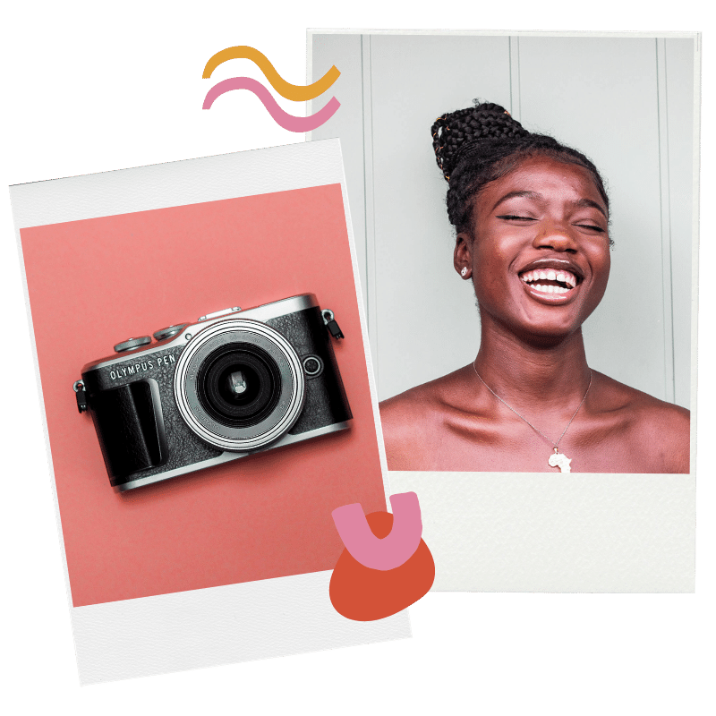 A smiling woman with braided hair, wearing a necklace with a pendant, and a photo of a camera on a pink background, overlapping a portrait of the woman with a neutral background.