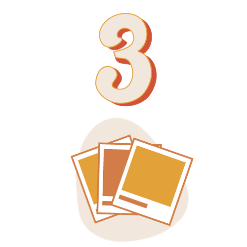 Number 3 above three blank photo frames with white borders and orange backing
