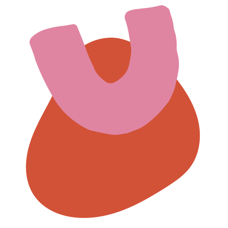 An abstract illustration of a peach with a pink U-shaped object on top.