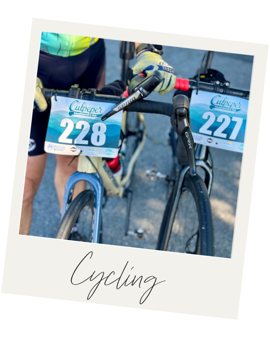 A mountain biking event with bike numbers 228 and 221 attached to the handlebars, and the word Cycling written on a Polaroid-style frame.