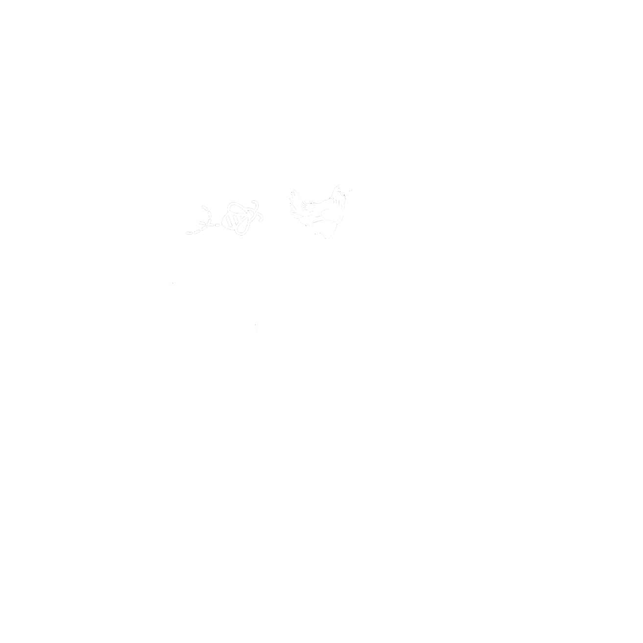 Black circular logo with white images of farm animals and gourds, and text that reads 'WHERE LOVE GROWS,' 'OLD MILL ACRES,' and 'MONTPELIER.'