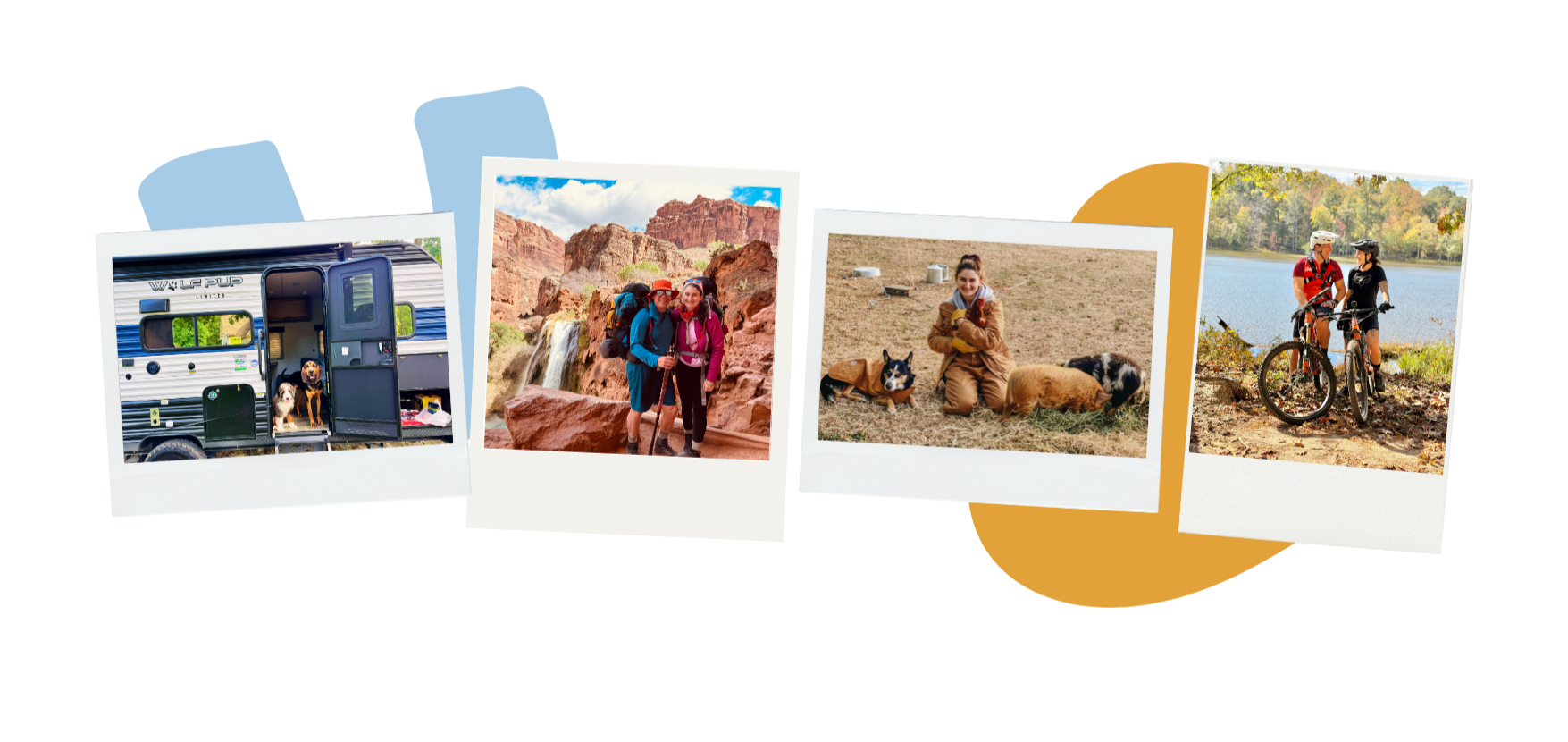 A collection of four photographs of outdoor activities and travel adventures. The first photo shows a camper van with two dogs in the doorway. The second photo features two women hiking in a desert canyon. The third photo depicts a woman crouching on the ground with three dogs near her. The fourth photo shows two cyclists on a trail beside a lake.