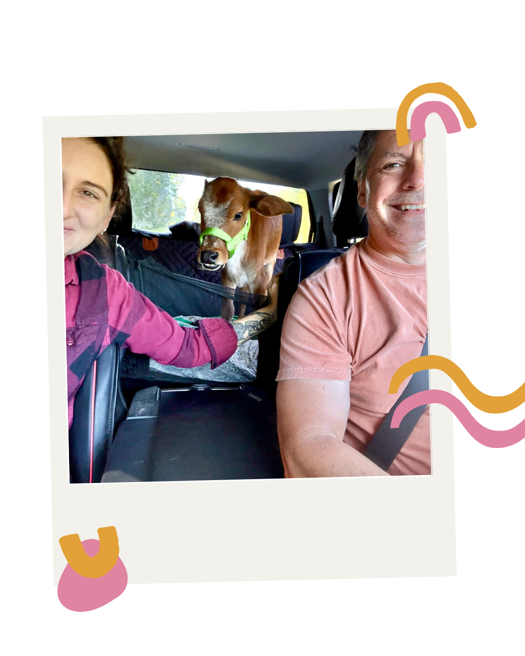 Two people and a puppy inside a car, with the puppy standing in a pet carrier and looking out, while the woman on the left is smiling and wearing a maroon shirt, and the man on the right is at the driver's seat, smiling and wearing a light pink T-shirt.