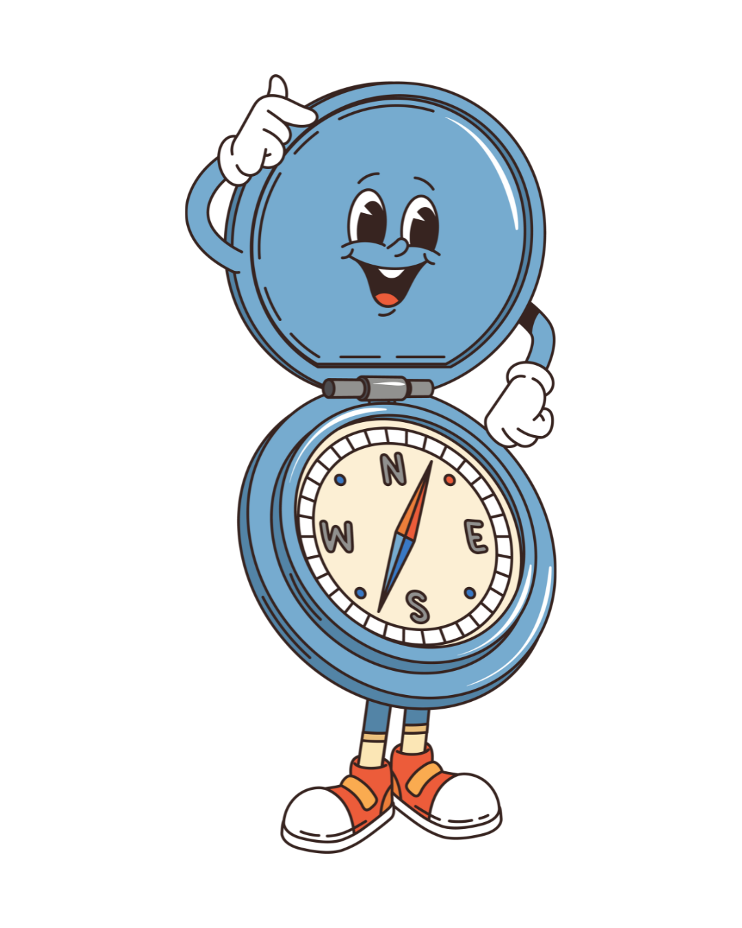 A cartoon pocket watch character with a smiling face, arms, and legs, holding one hand to its head and standing upright with feet in orange sneakers.