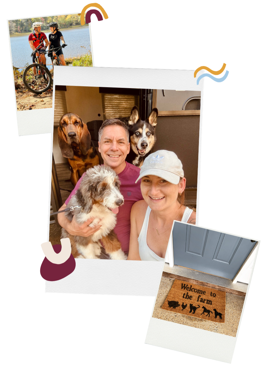 A collage of photos featuring outdoor and pet scenes, including two people with dogs, a welcome mat at the farm entrance, and two people with bikes near a lake.