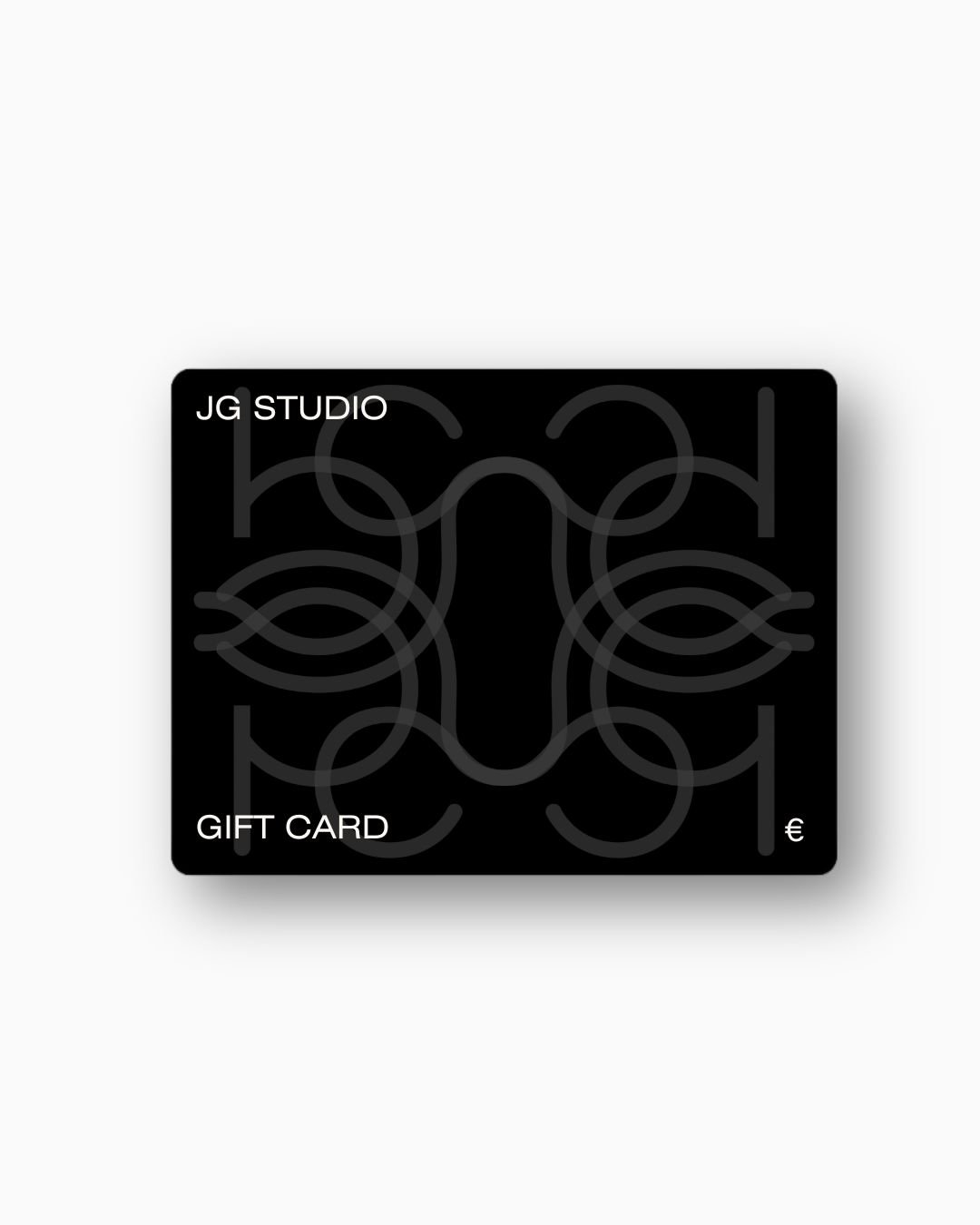 Black gift card with a geometric pattern, text that says 'JG STUDIO' at the top, 'GIFT CARD' at the bottom left, and a euro symbol at the bottom right.