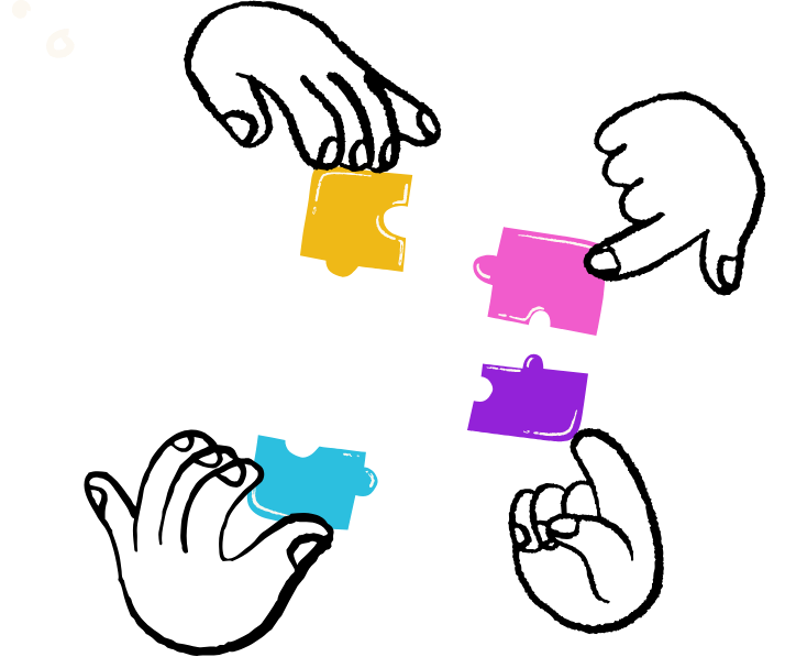 Four colorful puzzle pieces coming together, including yellow, pink, purple, and blue, on a black background