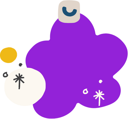 Cartoon purple cloud with a smiling gray face on top, surrounded by smaller circles including a white circle with black asterisk marks, a yellow circle, and a small black dot.