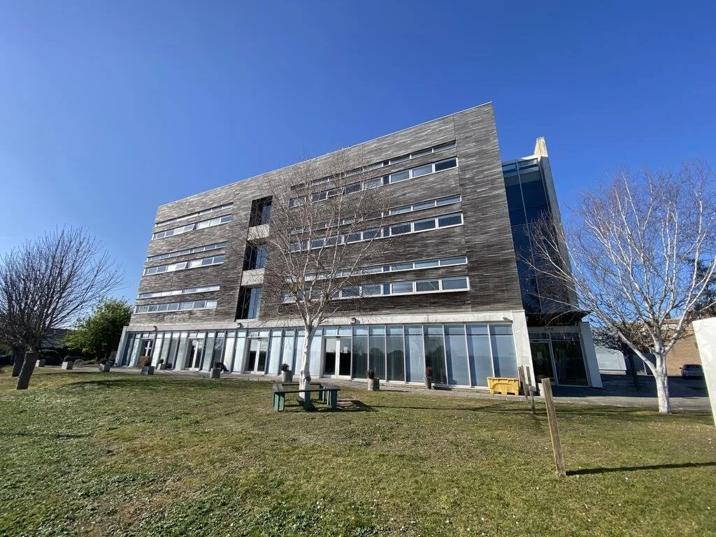 A modern multi-story office building with a wooden facade and large glass windows, surrounded by leafless trees and a grassy area with benches, against a clear blue sky.