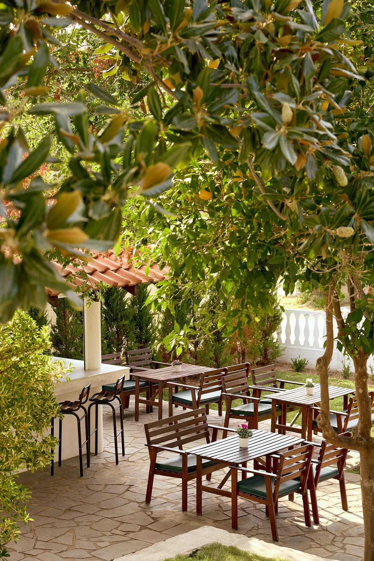 An outdoor patio with wooden tables and chairs under a tree with green leaves, surrounded by greenery and a white fence.