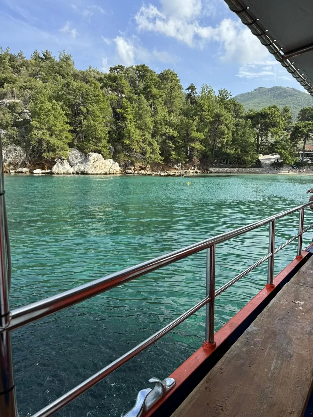 View from a boat showing calm turquoise water, a rocky shoreline with green trees, and a partly cloudy sky with some hills in the background.
