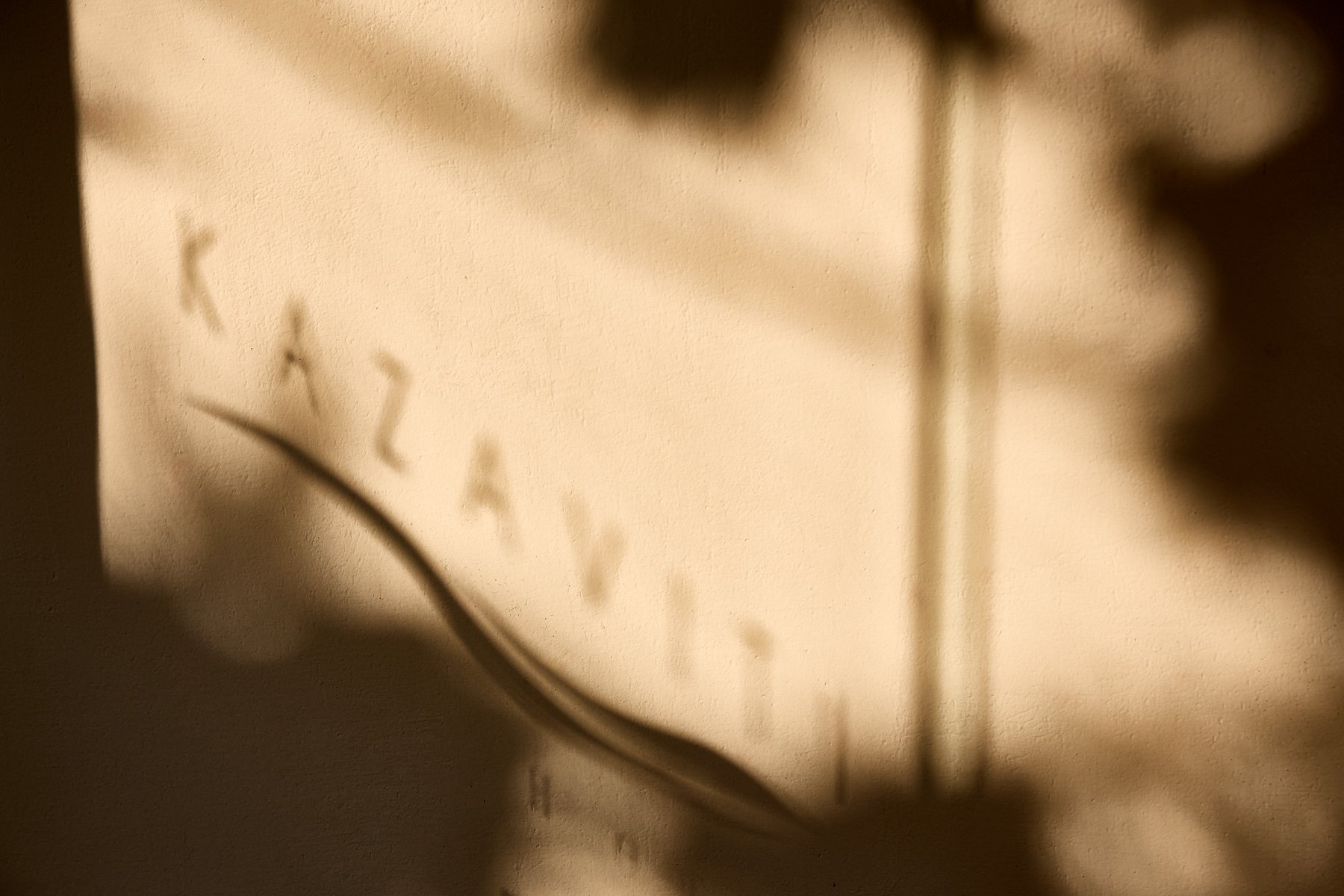 Close-up of a clock face with blurred, shadowed numbers and hands, showing a shadow of a tree branch on the wall.