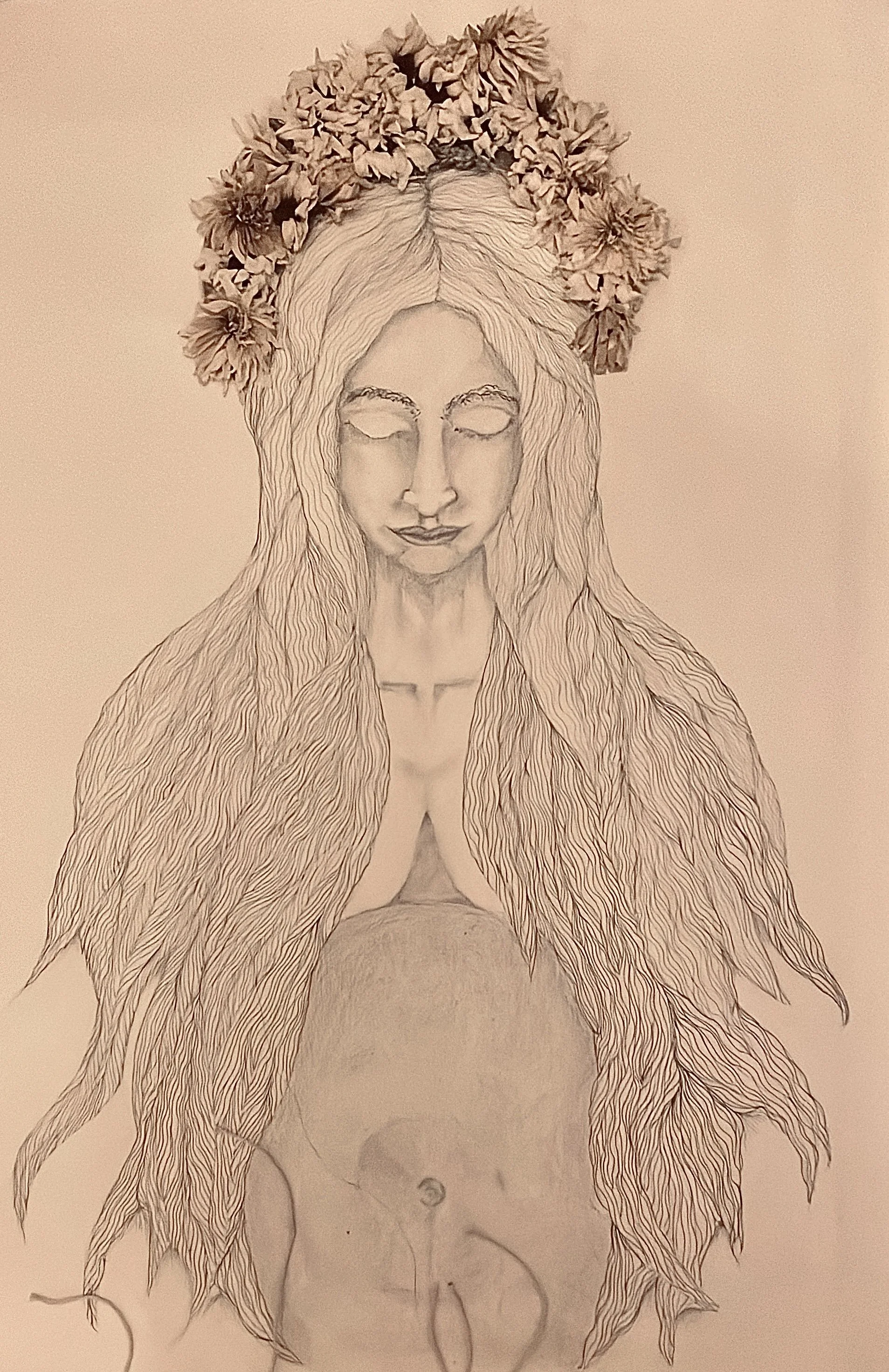 Drawing, Title "A Crown of Flowers", Dimensions 30cm x 42cm, Pen liners on Khadi paper, December 2025
