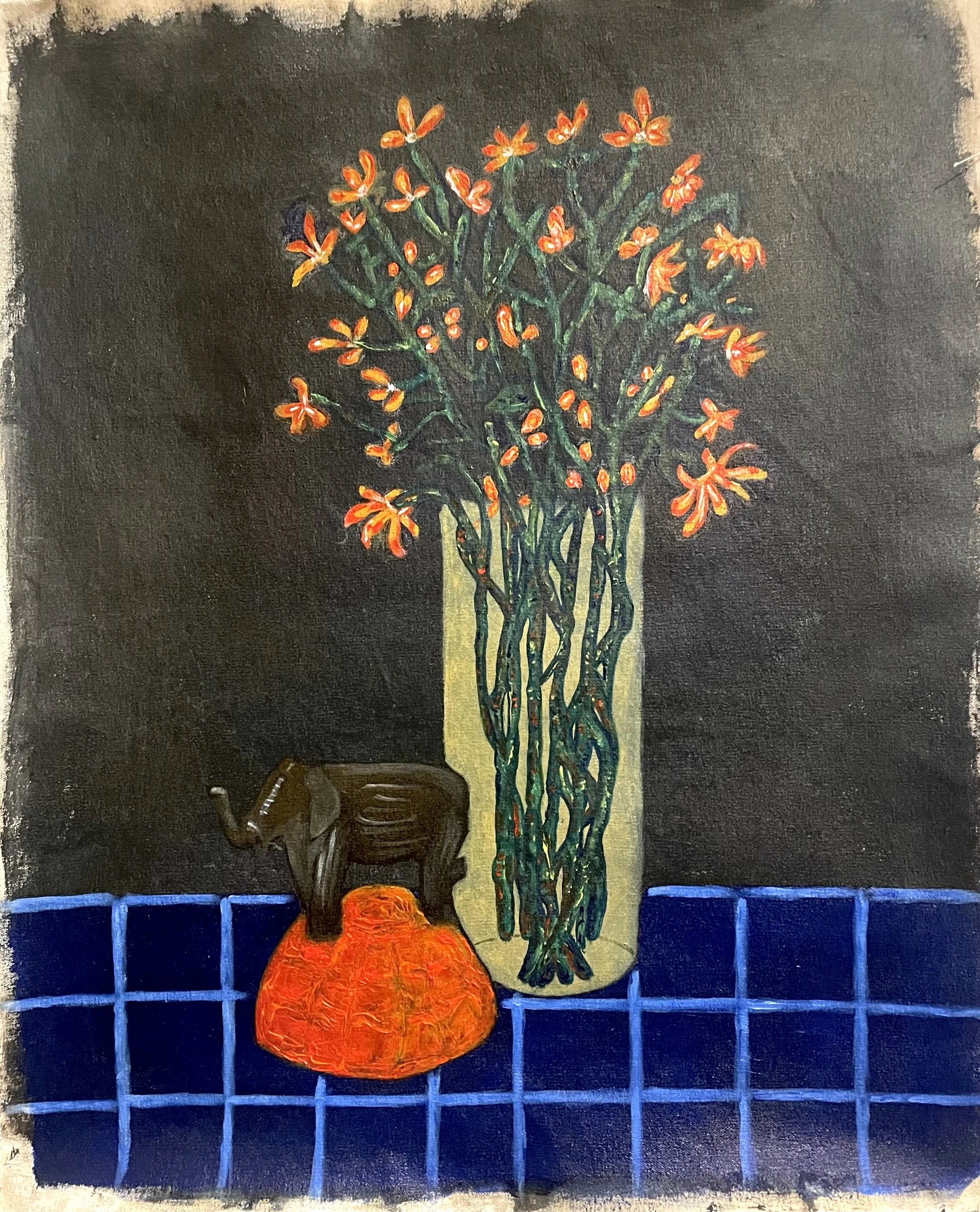 Painting, Title "An Elephant, On Orange, and Flowers", Dimensions 53cm x 41cm, Acrylics on Canvas