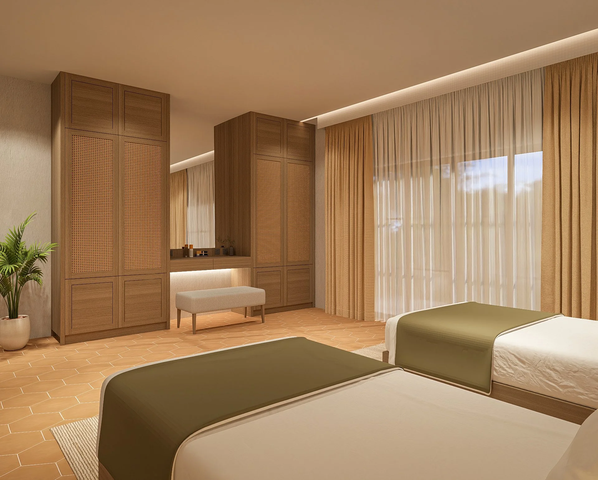 Modern hotel room with two beds, wooden closet, bench, large window with sheer and dark curtains, and a floral arrangement in a vase.
