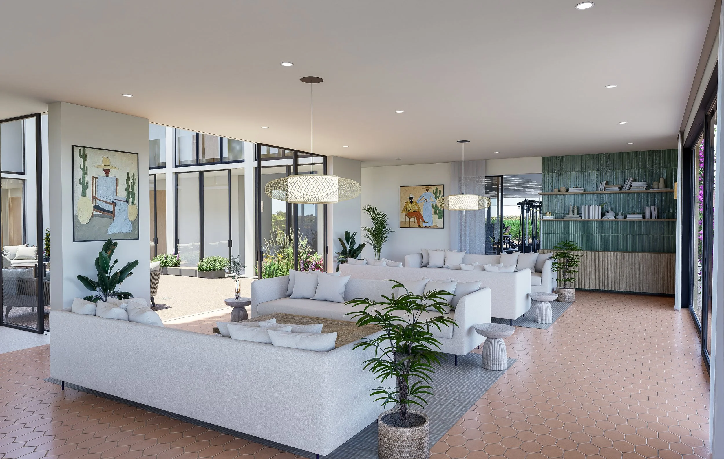 Modern living room with white sofas, green plants, hanging pendant lights, large windows, artwork, and built-in shelving with books and decor.