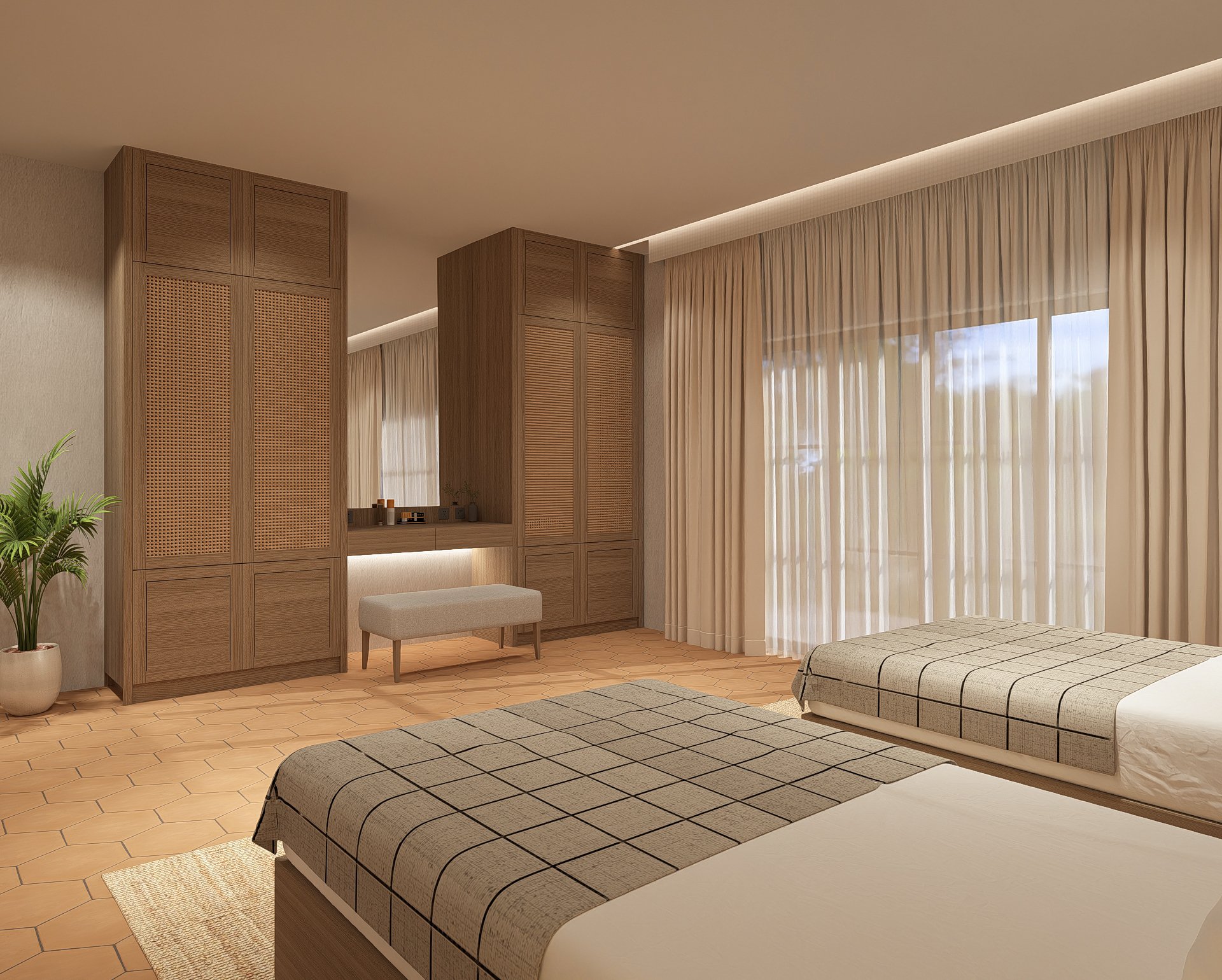 Modern hotel room with two beds, wooden closet, bench, large window with sheer and dark curtains, and a floral arrangement in a vase.