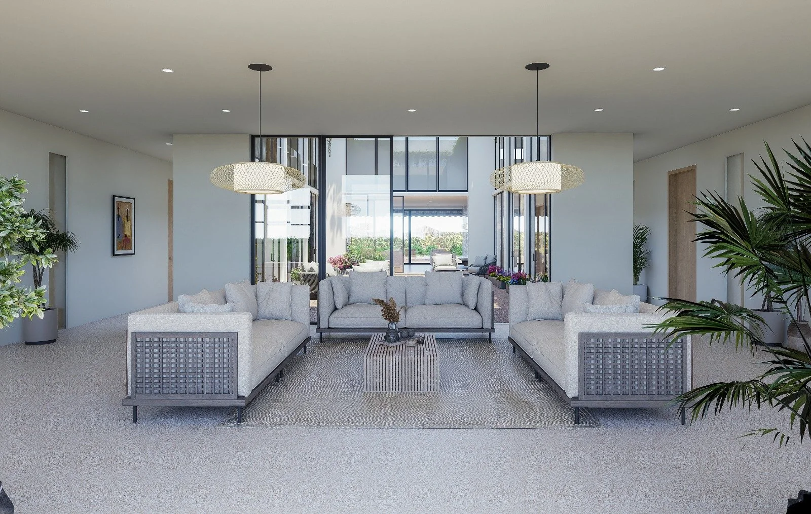Modern living room with white sofas, a small coffee table, large windows, and green plants.