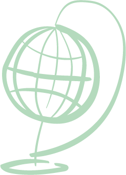 Het teken van Bar & Restaurant Mosquito Coast in Gent.Een wereldbol met een lijn eromheen, getekend in een minimalistische stijl.