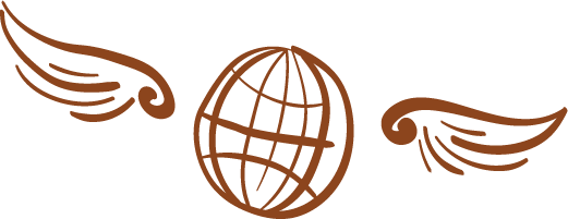 Het teken van bar & restaurant Mosquito Coast in Gent. Twee vleugels aan weerszijden van een wereldbol met meridiaanlijnen.