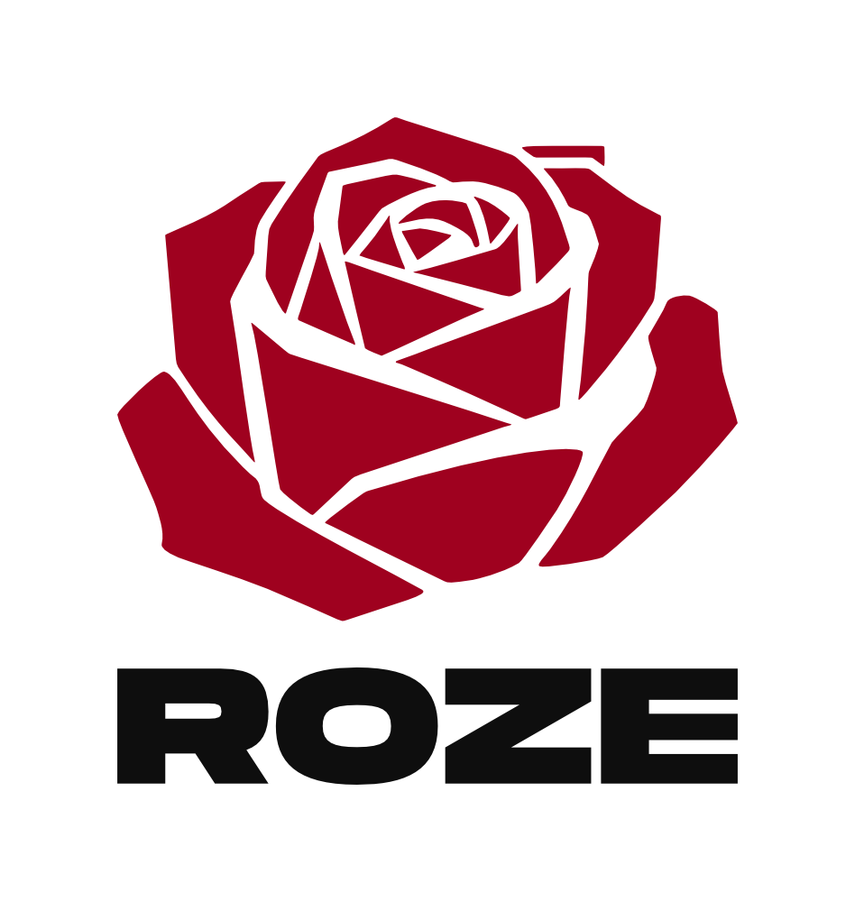 Illustration d'une rose stylisée de couleur rouge avec écrit Roze en dessous.