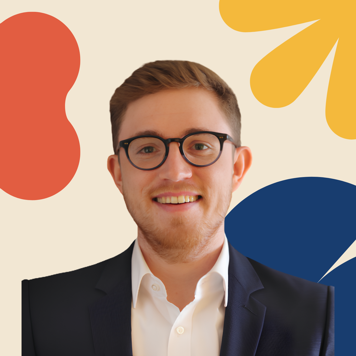 Eine gezeichnete Illustration eines Mannes mit Brille und rotem Haar, der einen schwarzen Kaffeebecher hält und lächelt.