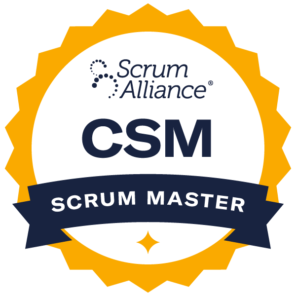 Abzeichen der Scrum Alliance für einen Scrum Master, mit der Aufschrift "CSM" und "Scrum Master" auf einem blauen Banner, umgeben von einem goldenen Stern