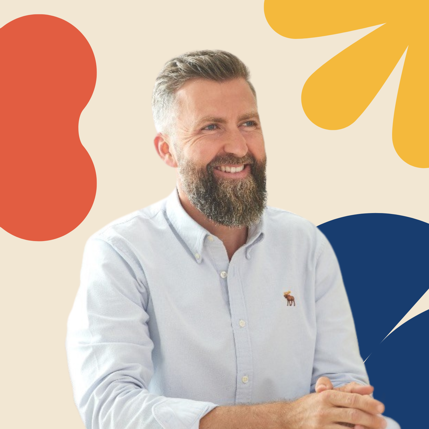 Illustration eines Mannes mit Brille, Bart und weißen Hemd, der einen roten Becher trinkt.