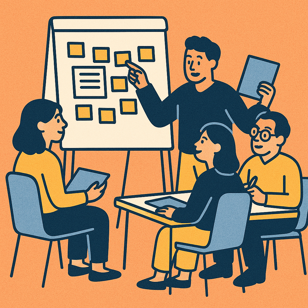 Eine Gruppe von vier Personen bei einer Besprechung, eine Person zeigt auf ein Whiteboard mit Post-its, die anderen hören zu und arbeiten mit Tablets