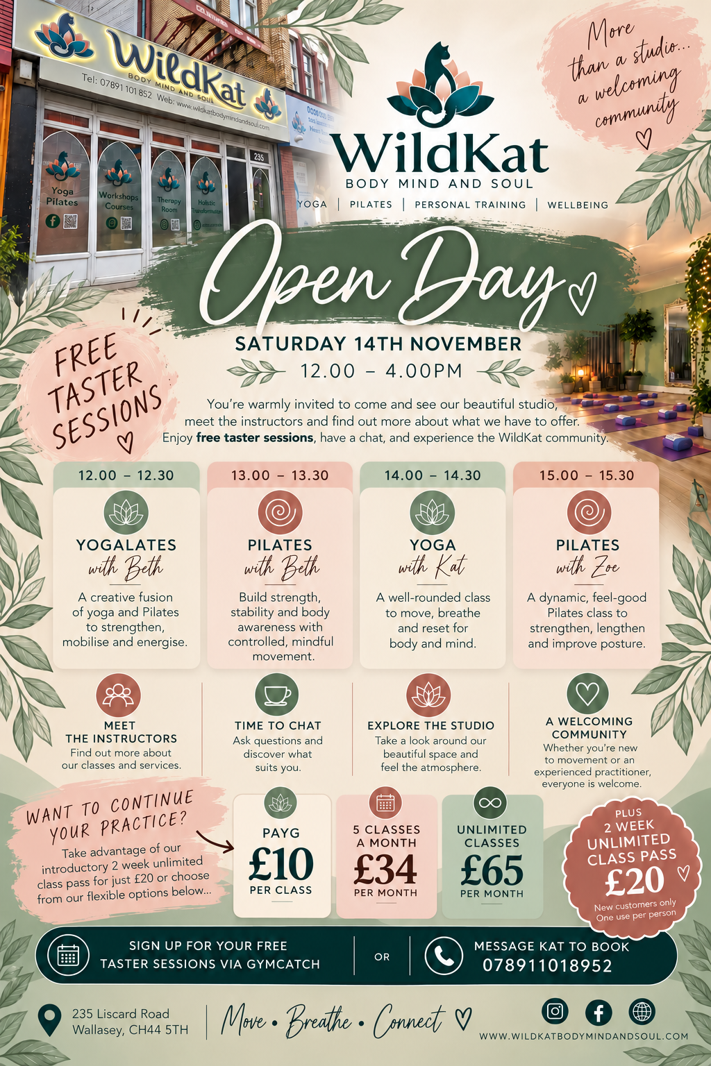 A promotional flyer for WildKat  Studio, Liscard, WQallasey, Wirral, open day event on Saturday, November 14th, from 12:00 PM to 4:00 PM, featuring free taster sessions of yoga and Pilates, with schedule details and pricing information.