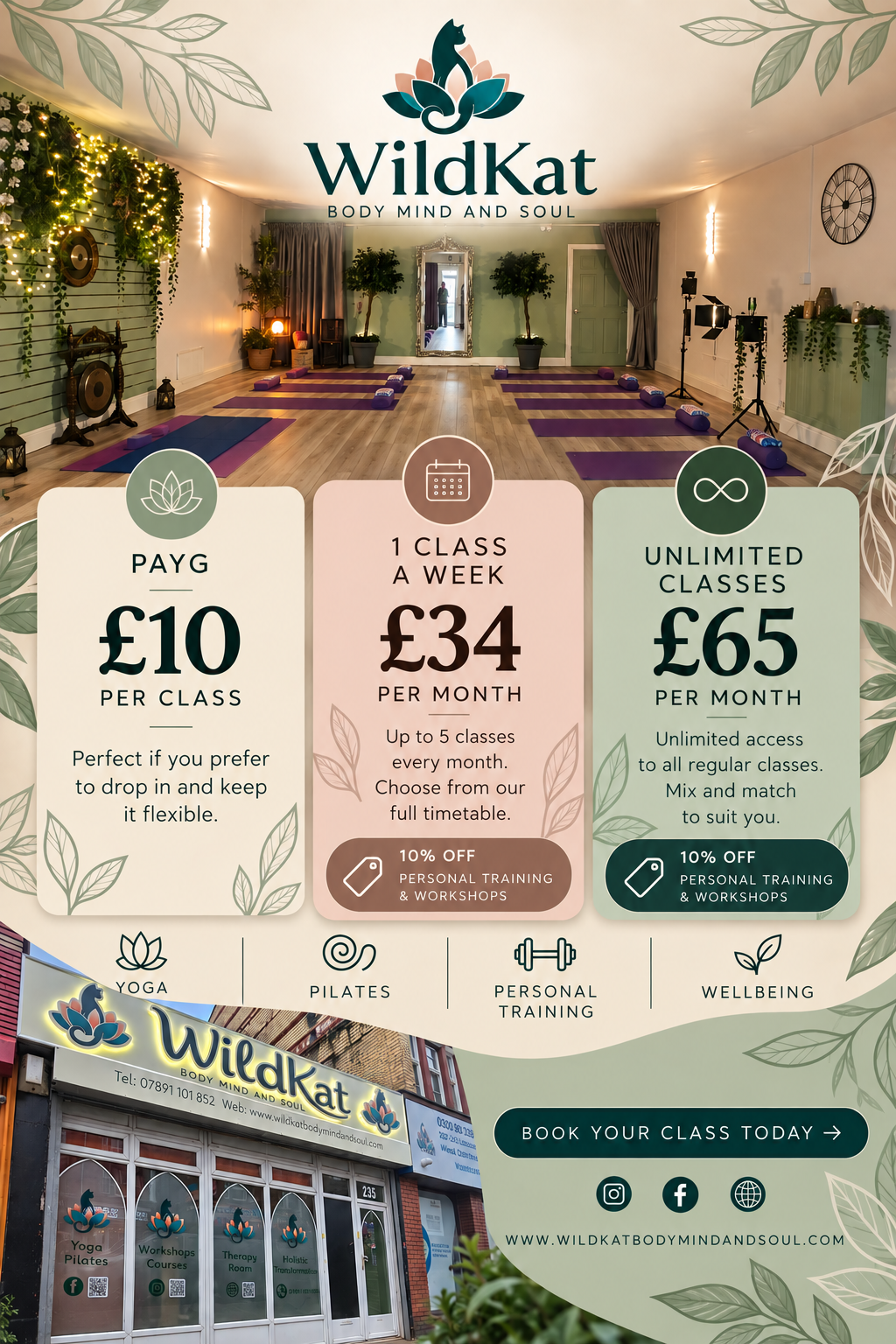 A flyer for WildKat studio displaying class pricing options - pay £10 per class, £34 per month for 5 classes, or unlimited classes at £65 per month. Yoga, Pilates, Fitness classes. Liscard, Wallasey, Wirral