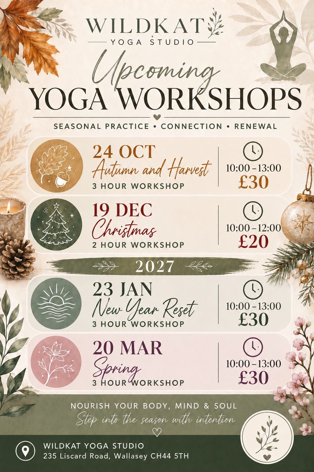 Poster for Wildkat Yoga Studio in Liscard, Wallasey, Wirral, announcing upcoming seasonal yoga workshops with dates, themes, times, and prices, decorated with autumn leaves, pinecones, candles, and floral illustrations.