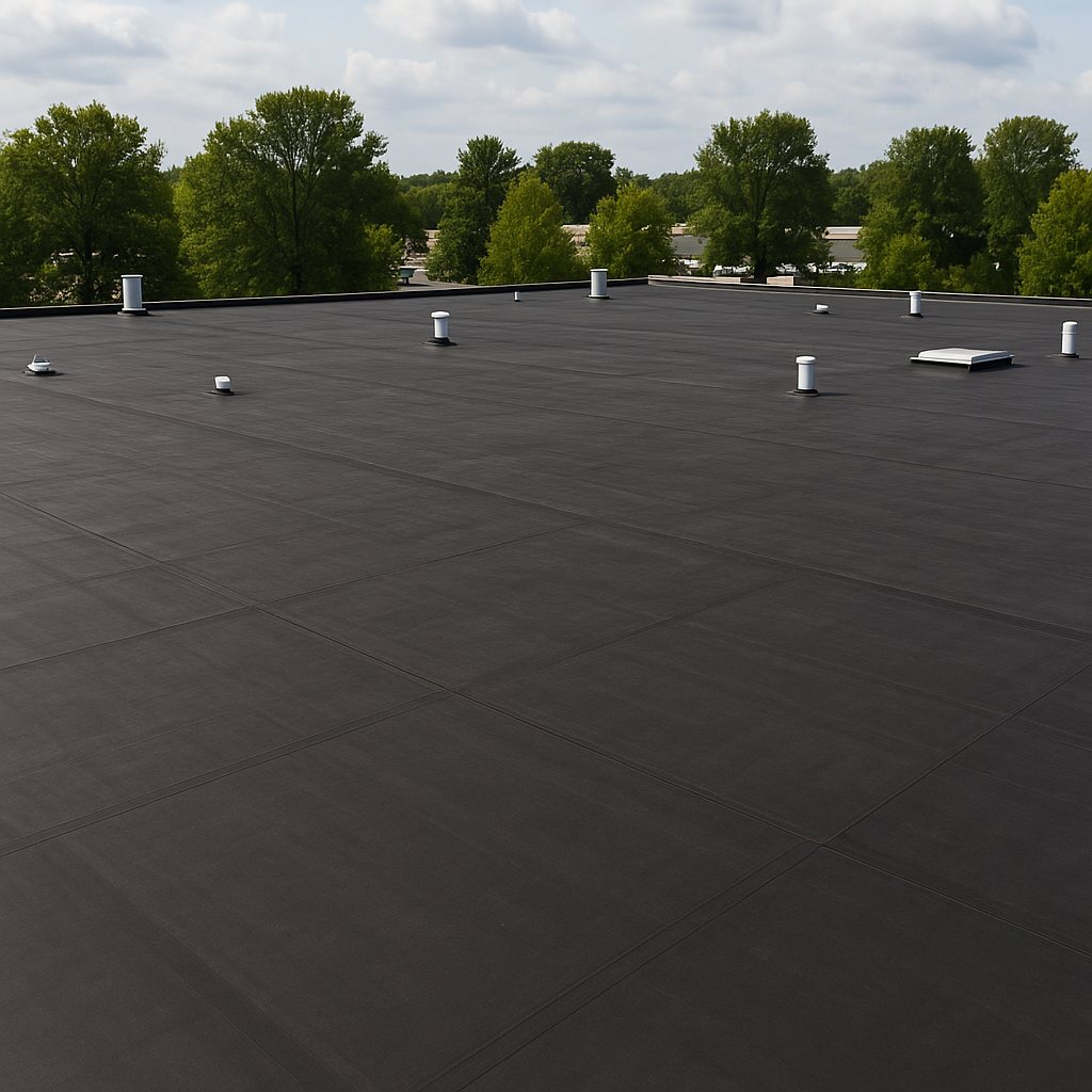 Close-up view of a black EPDM rubber roofing membrane on a flat commercial roof, demonstrating flexibility and weather resistance.