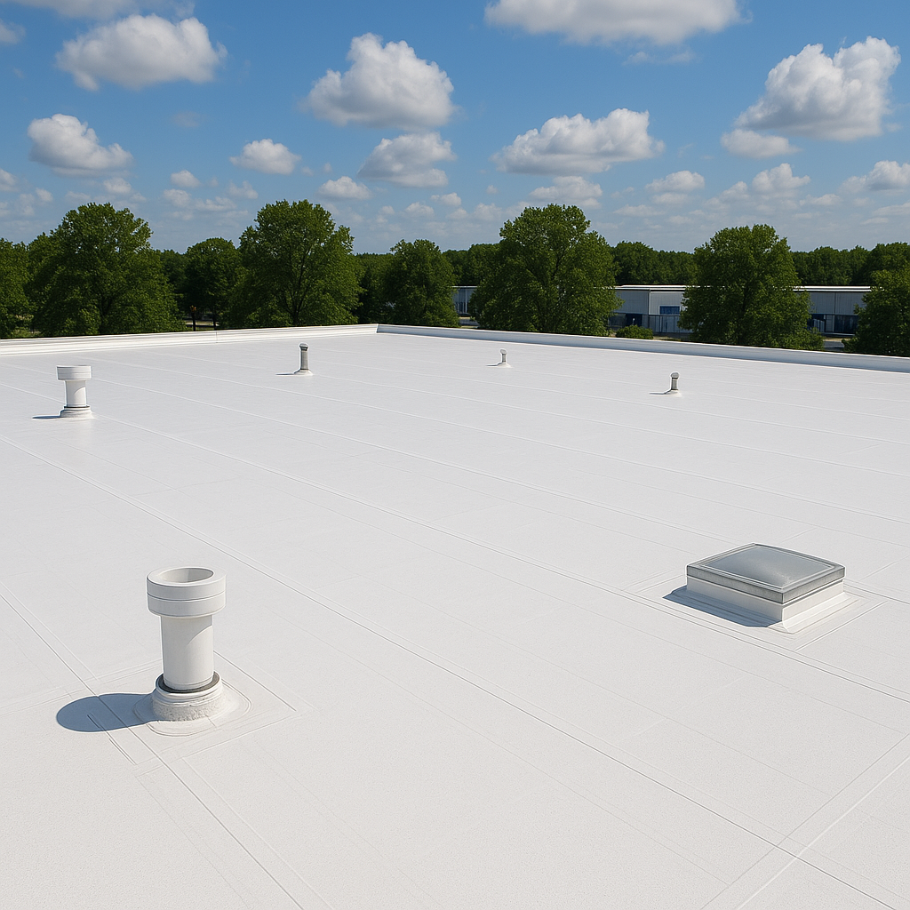 High-resolution photo of a commercial flat roof covered with bright white TPO membrane, featuring heat-welded seams, rooftop penetrations, and trees in the background under a partly cloudy sky.