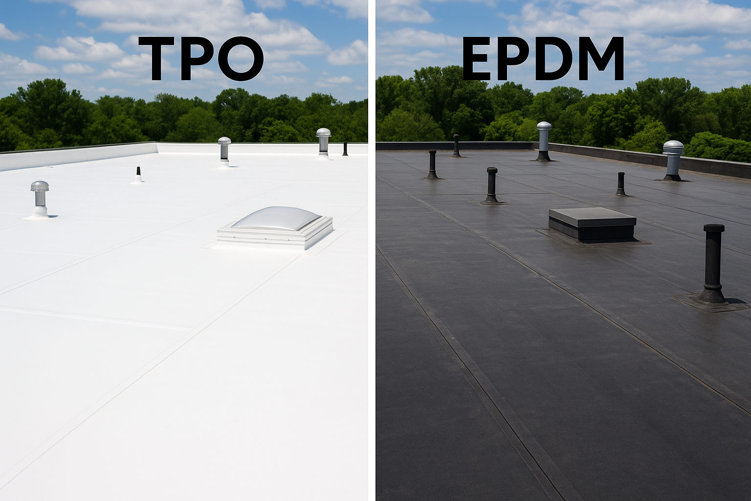 Side-by-side comparison of TPO vs. EPDM flat roofing membranes. The left shows a white TPO roof with heat-welded seams, and the right shows a black EPDM rubber roof with flexible seams.