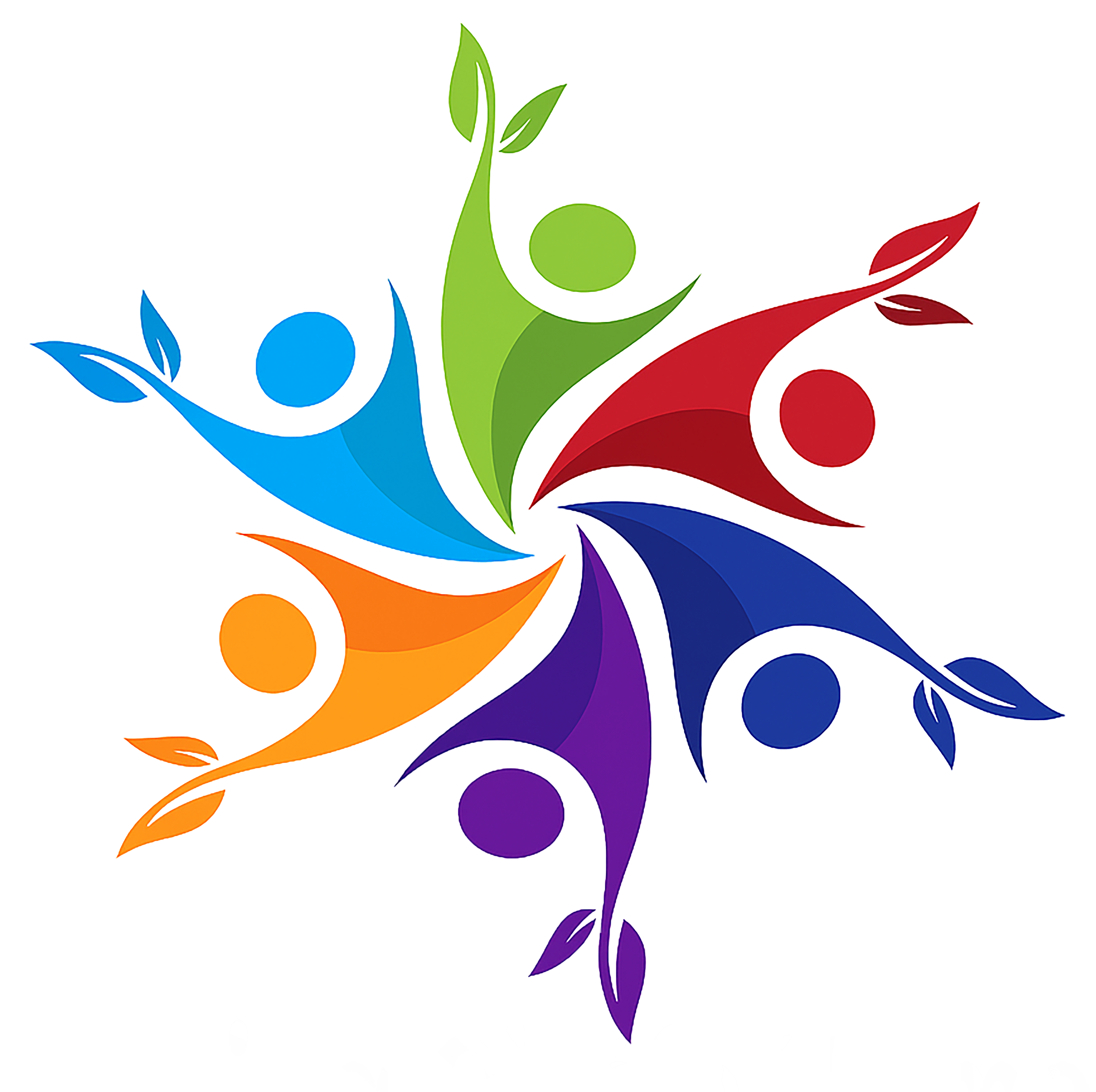 Colorful abstract graphic of five stylized human figures in blue, green, red, orange, and purple, with arms raised, arranged in a circular pattern.