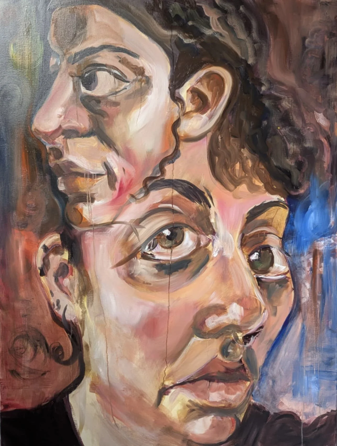 A colorful abstract painting of two faces, one with glasses and one without, with prominent eyes and curly hair.