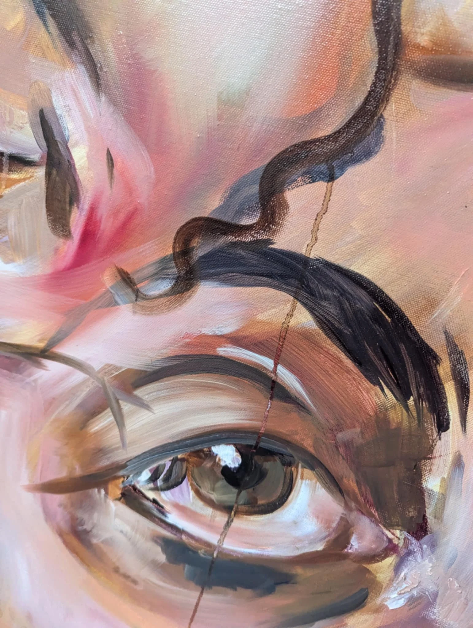 Close-up of an abstract painting featuring a detailed eye with black and brown brush strokes, pink, beige, and peach background colors, and expressive, swirling lines.