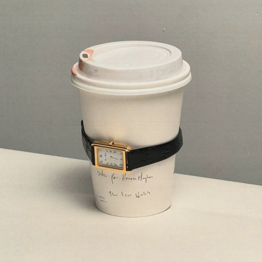 A paper coffee cup with a plastic lid, wrapped with a watch on the outside, and handwritten notes on the cup.